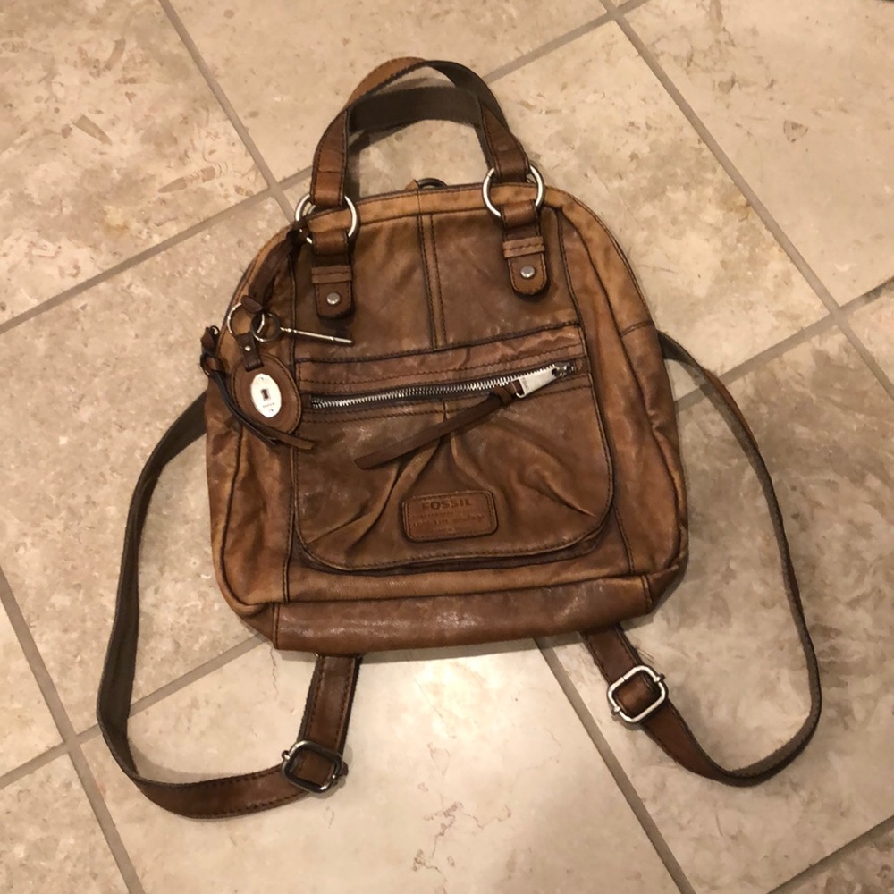 Vintage Fossil leather and canvas distressed top handle strap bag backpack